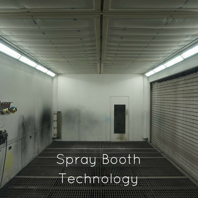 Images of spray painting booths, representing a blog by IDES UK, commercial lighting specialists, exploring what makes spray painting booths safe, and what part good lighting plays in that.